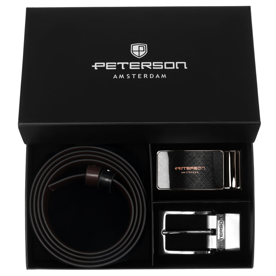 Geschenkset: doppelseitiger Ledergürtel in Braun und Schwarz mit zwei austauschbaren Schnallen - Peterson