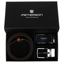 Geschenkset: doppelseitiger Ledergürtel in Hellbraun und Schwarz – Peterson