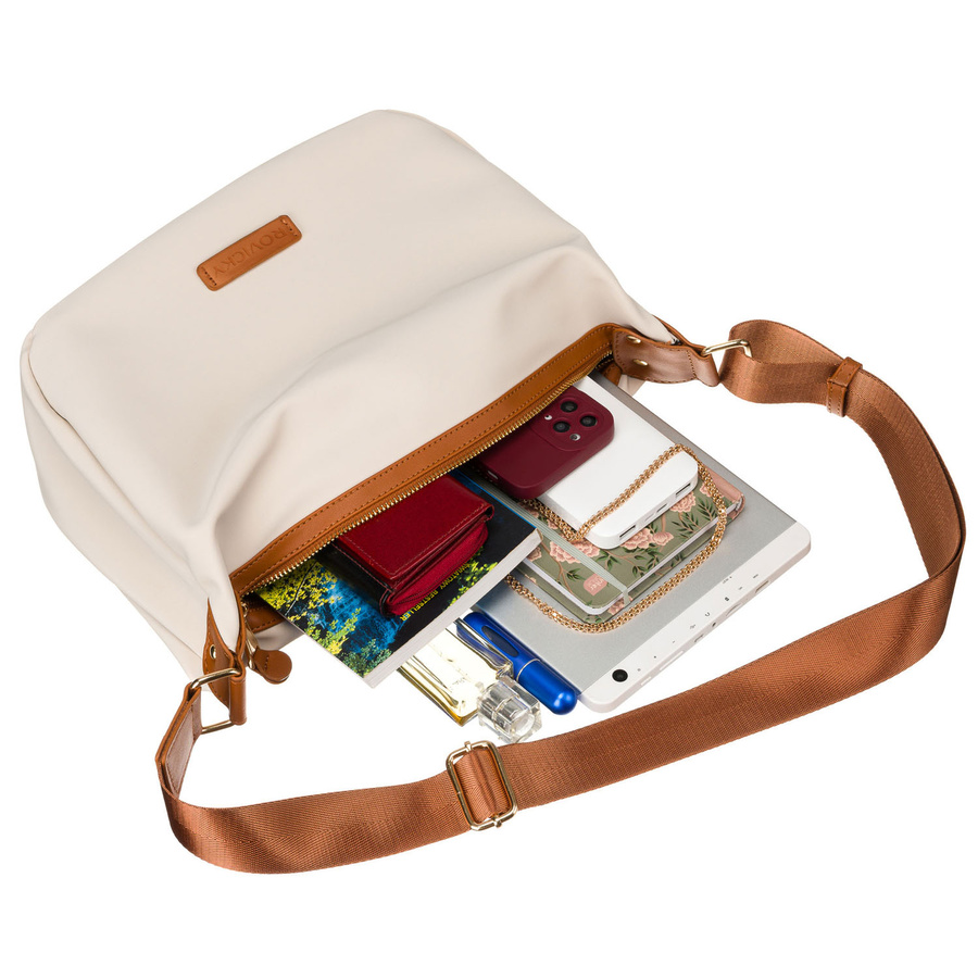 Damen-Umhängetasche aus Nylon in Beige mit braunen Einsätzen aus Öko-Leder - Rovicky – Bild 6