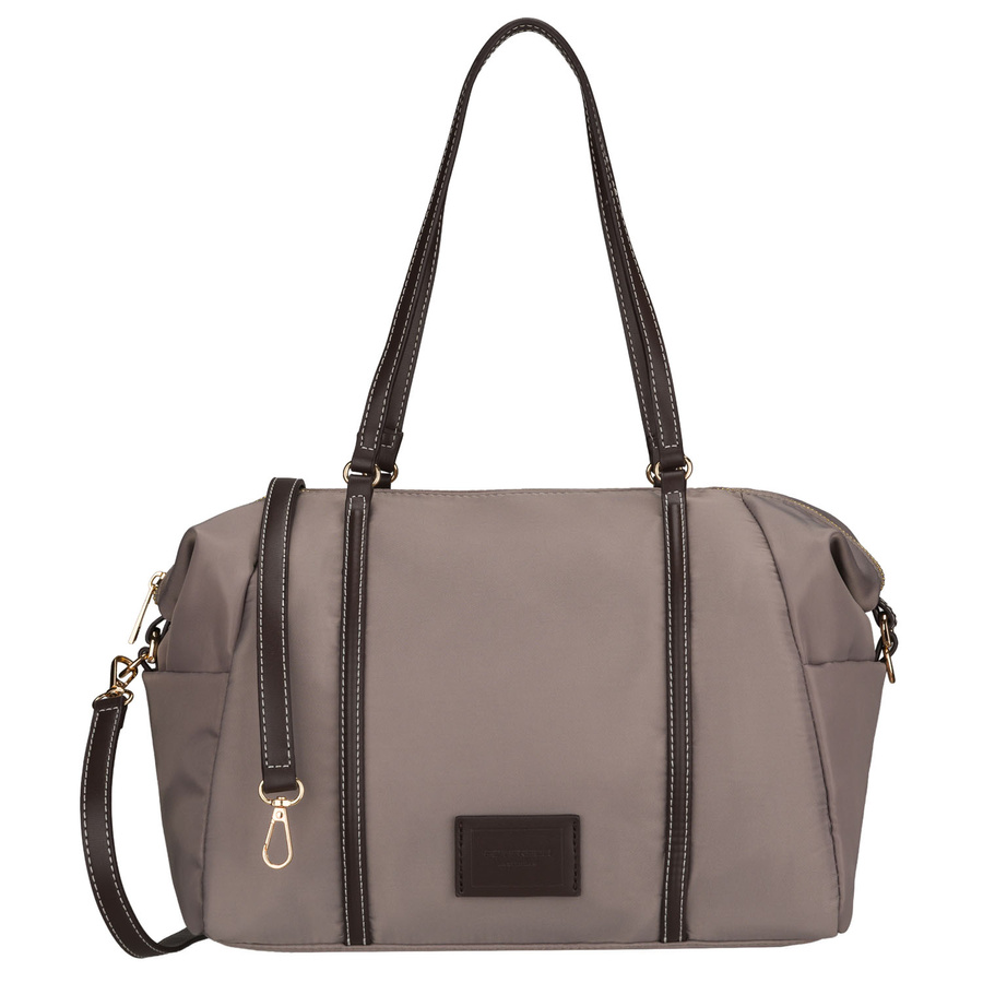 Dunkelbeige Damenhandtasche aus Polyester, an Griff und Gürtel hängend und mit Reißverschluss verschließbar - Peterson – Bild 2