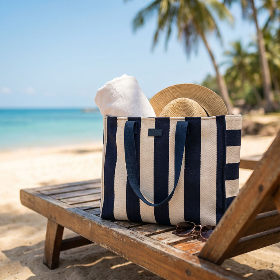 Weiße und marineblaue Damenhandtasche aus Polyester mit modischen Streifen – Peterson – Bild 3