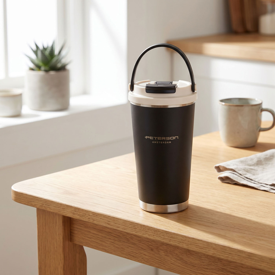 Schwarzer, praktischer Thermobecher aus Edelstahl mit praktischem Griff, Fassungsvermögen 560 ml - Peterson – Bild 2