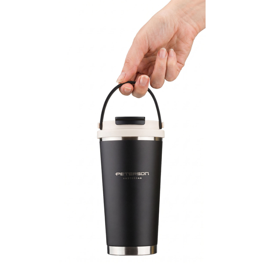 Schwarzer, praktischer Thermobecher aus Edelstahl mit praktischem Griff, Fassungsvermögen 560 ml - Peterson – Bild 7