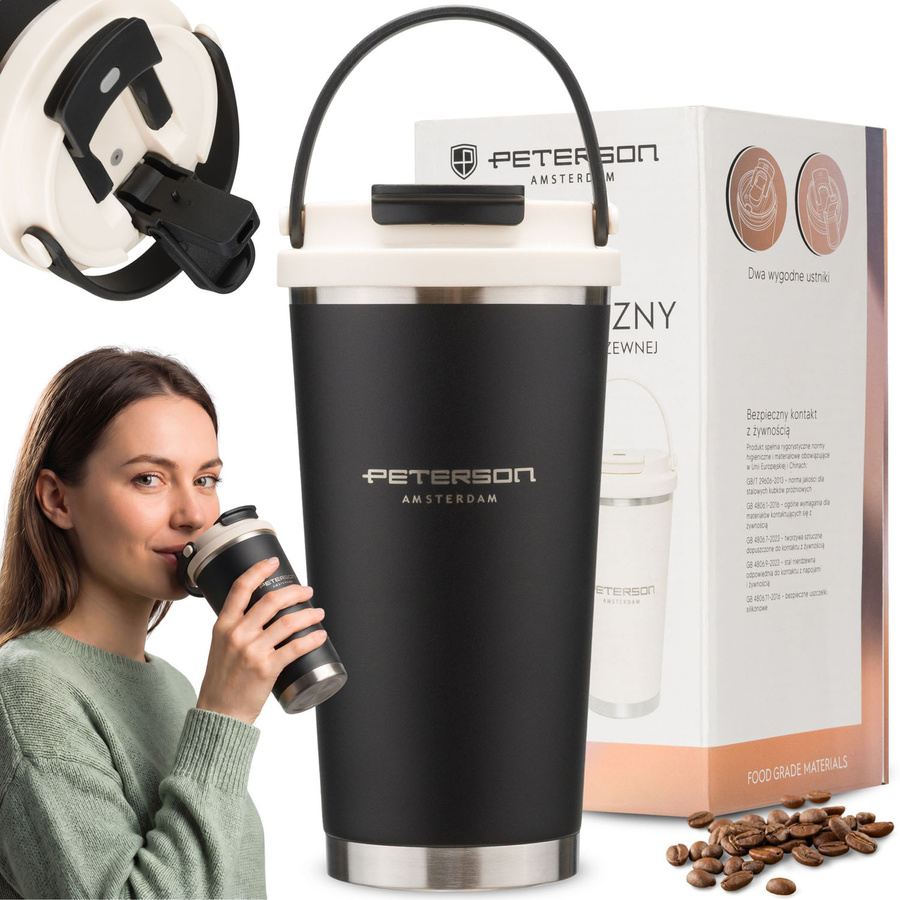 Schwarzer, praktischer Thermobecher aus Edelstahl mit praktischem Griff, Fassungsvermögen 560 ml - Peterson