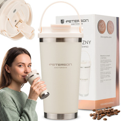 Praktischer Thermobecher aus Edelstahl in der Farbe Ecru mit praktischem Griff, Fassungsvermögen 560 ml – Peterson