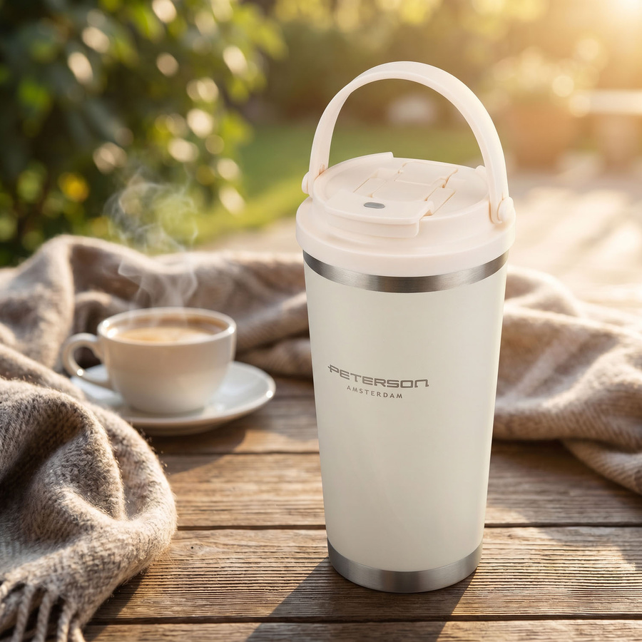 Praktischer Thermobecher aus Edelstahl in der Farbe Ecru mit praktischem Griff, Fassungsvermögen 560 ml - Peterson – Bild 3