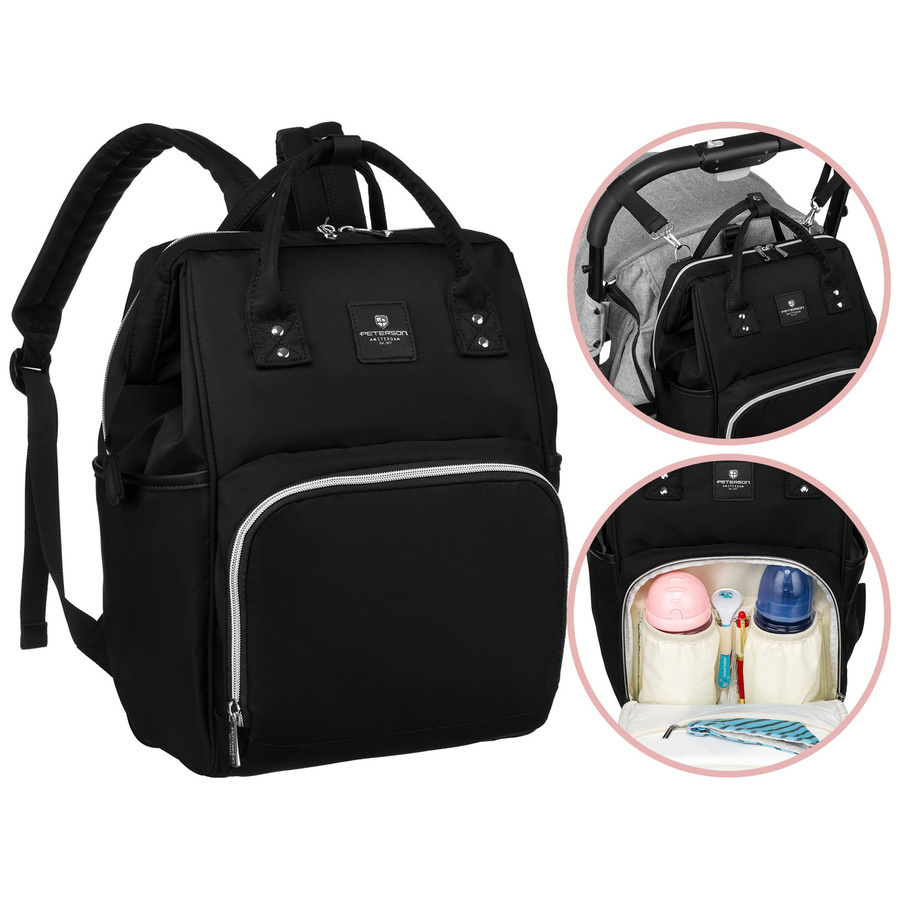 Schwarzer Rucksack aus Polyester mit Griffen zur Befestigung am Kinderwagen - Peterson – Bild 4