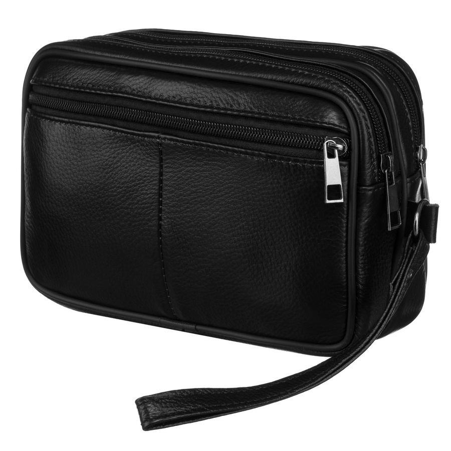 Schwarze Herren-Handgelenktasche aus Echtleder mit praktischem Tragegriff – Rovicky – Bild 3