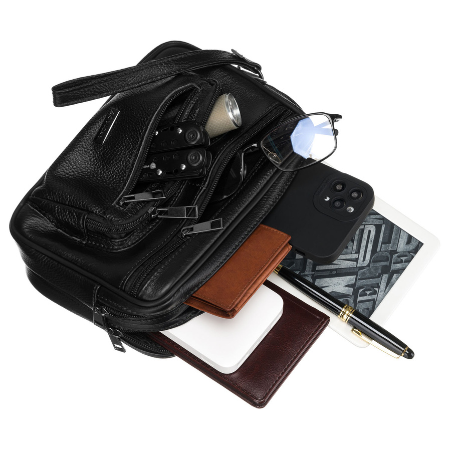 Schwarze Herren-Handgelenktasche aus Echtleder mit praktischem Tragegriff – Rovicky – Bild 6