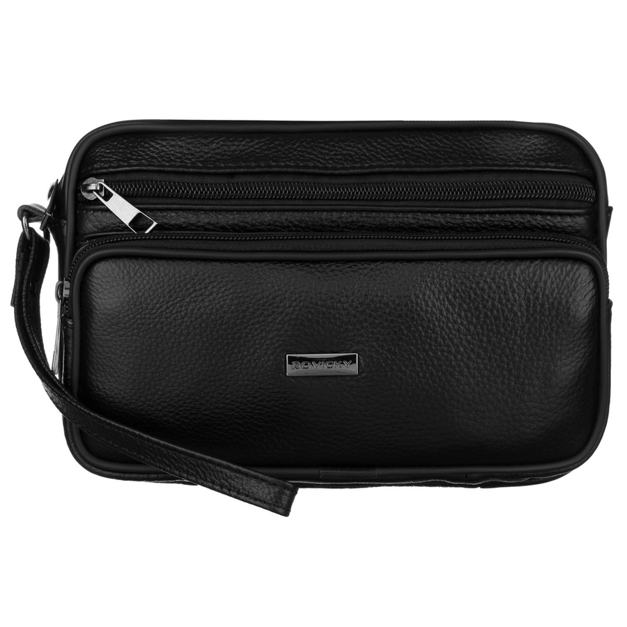 Schwarze Herren-Handgelenktasche aus Echtleder mit praktischem Tragegriff – Rovicky – Bild 4