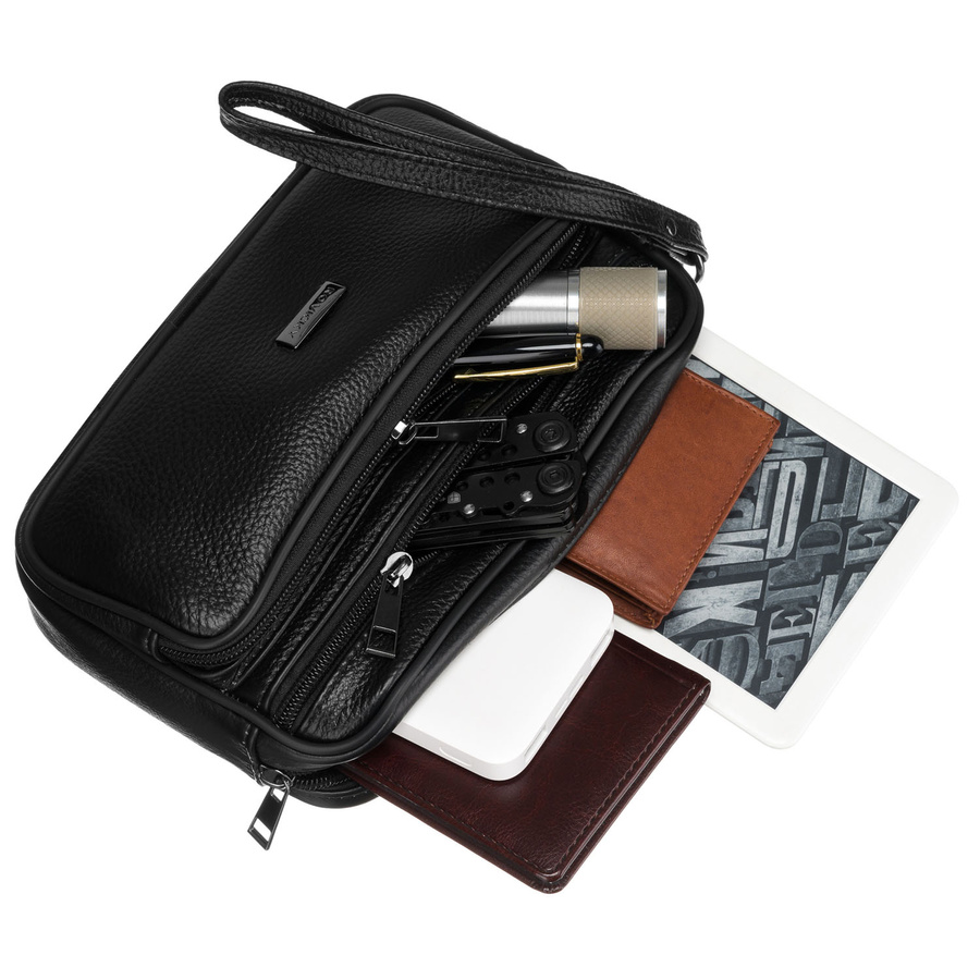 Schwarze Herren-Handgelenktasche aus Echtleder mit praktischem Tragegriff – Rovicky – Bild 11