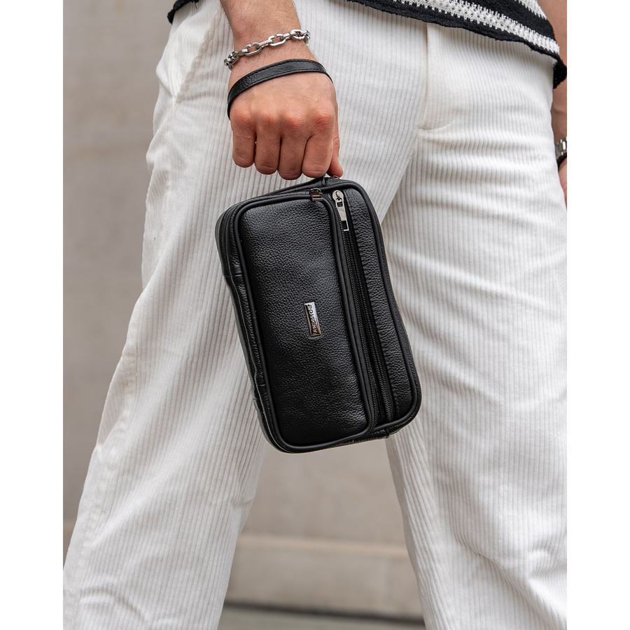 Schwarze Herren-Handgelenktasche aus Echtleder mit praktischem Tragegriff – Rovicky – Bild 6