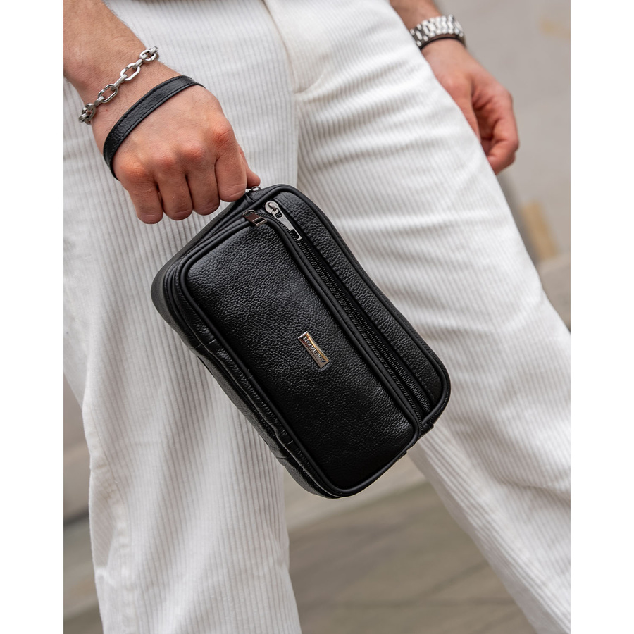 Schwarze Herren-Handgelenktasche aus Echtleder mit praktischem Tragegriff – Rovicky – Bild 3