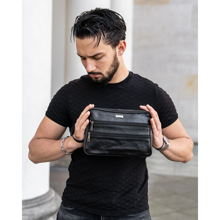 Schwarze Herren-Handgelenktasche aus Echtleder mit Außentaschen – Rovicky – Bild 2