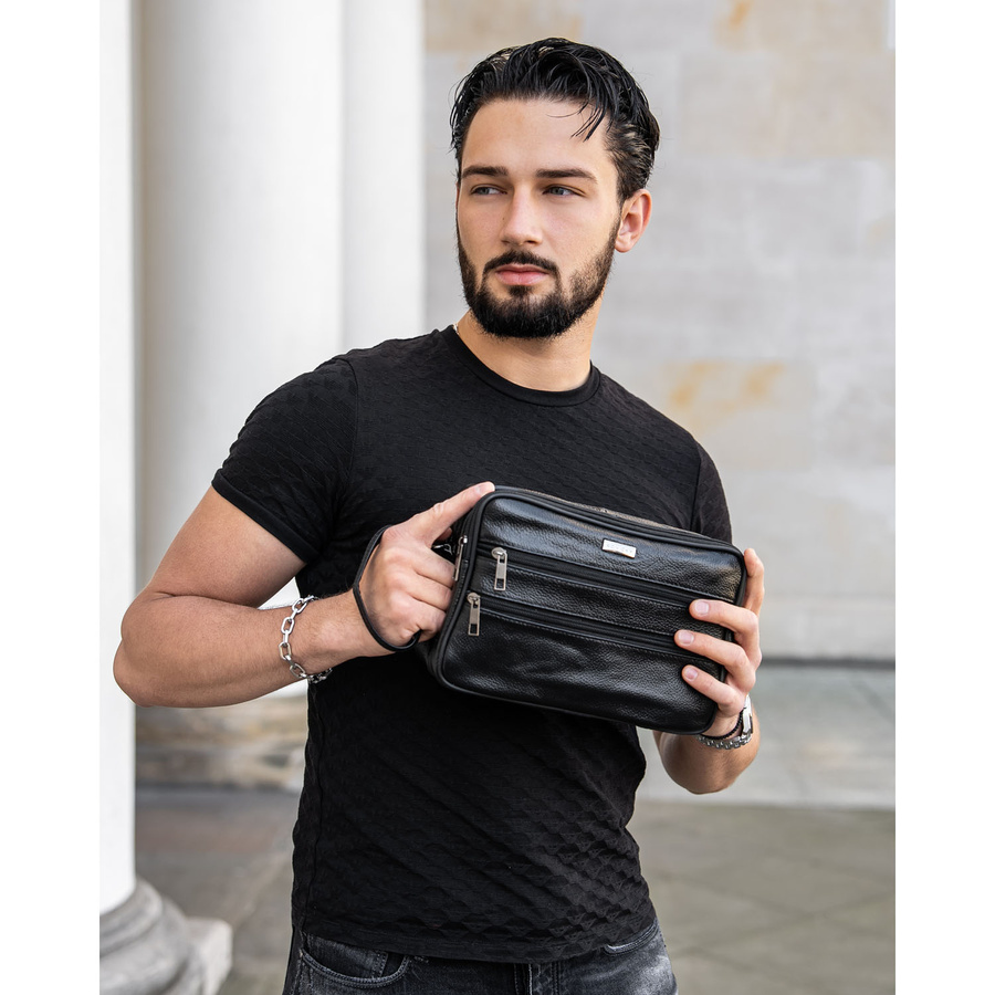 Schwarze Herren-Handgelenktasche aus Echtleder mit Außentaschen – Rovicky – Bild 3