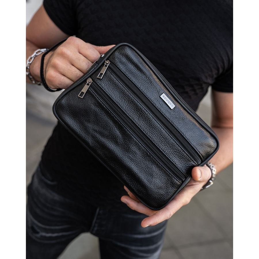 Schwarze Herren-Handgelenktasche aus Echtleder mit Außentaschen – Rovicky – Bild 5