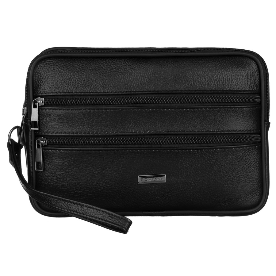 Schwarze Herren-Handgelenktasche aus Echtleder mit Außentaschen – Rovicky – Bild 4