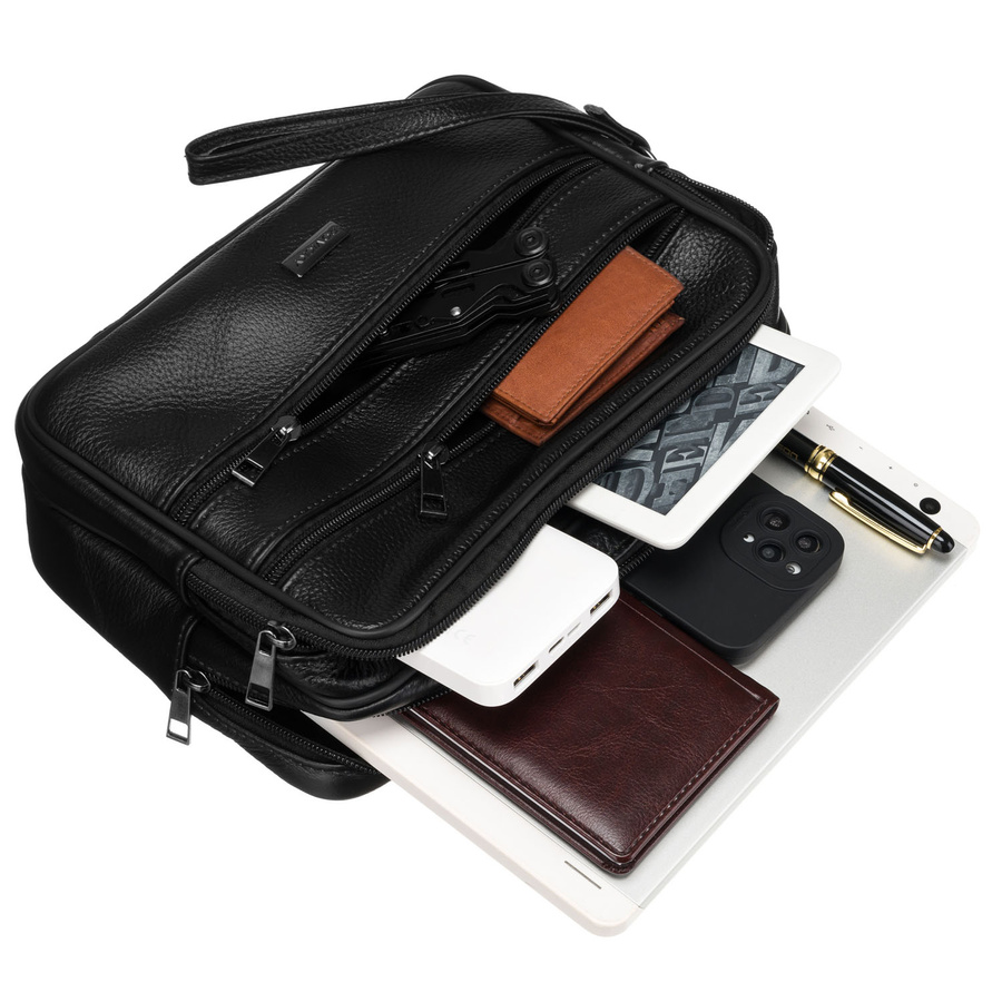 Schwarze Herren-Handgelenktasche aus Echtleder mit Außentaschen – Rovicky – Bild 13