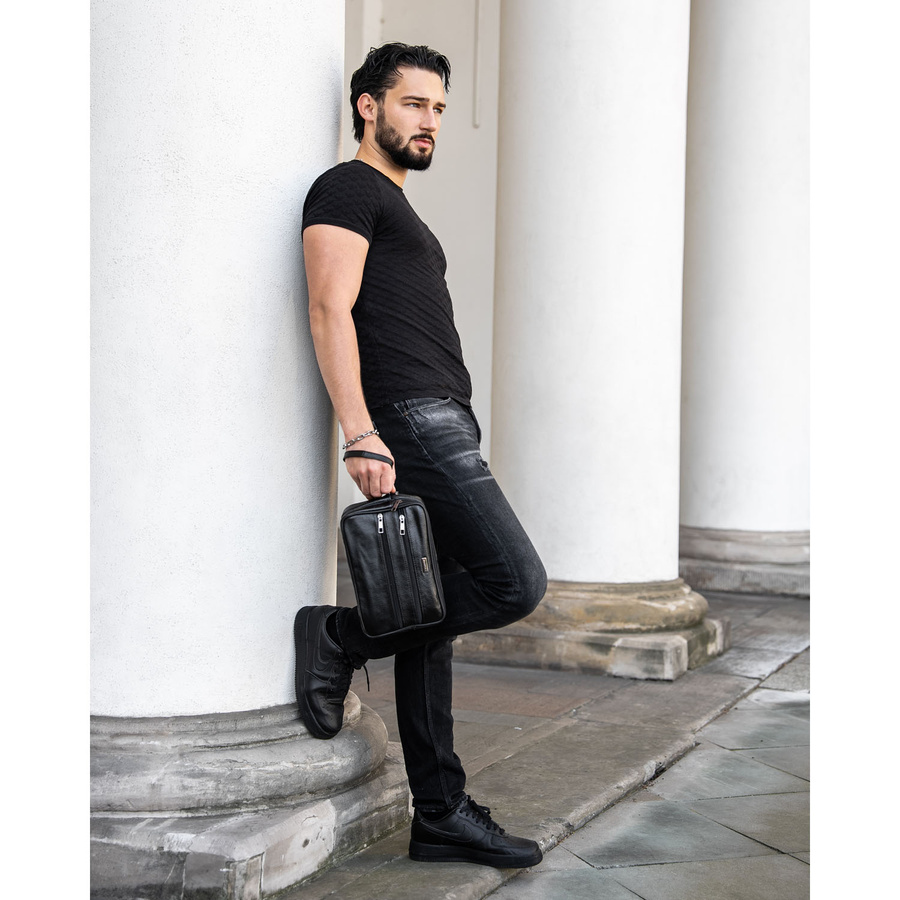 Schwarze Herren-Handgelenktasche aus Echtleder mit Außentaschen – Rovicky – Bild 11
