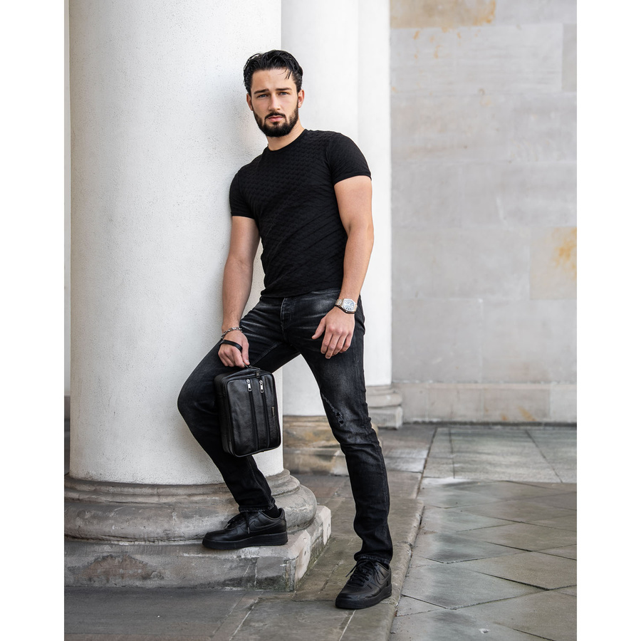 Schwarze Herren-Handgelenktasche aus Echtleder mit Außentaschen – Rovicky – Bild 6