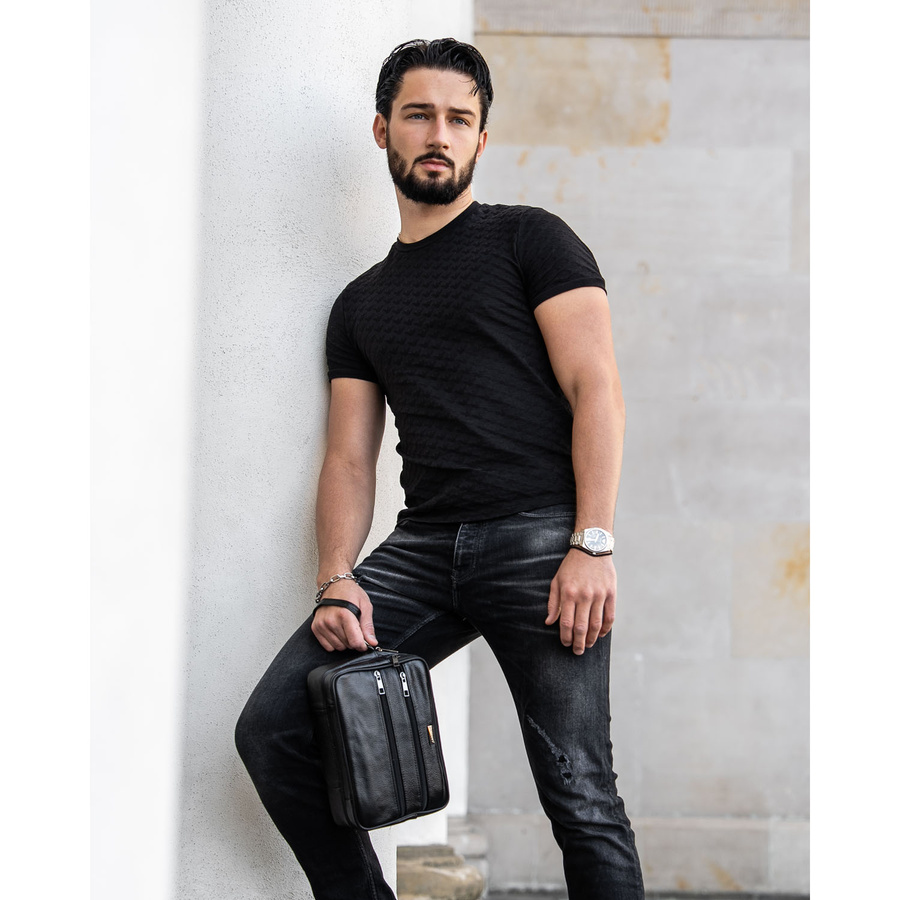 Schwarze Herren-Handgelenktasche aus Echtleder mit Außentaschen – Rovicky – Bild 9