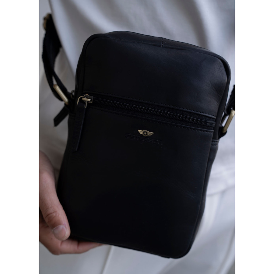 Schwarze Herren-Umhängetasche aus Leder mit goldenem Reißverschluss im Set mit einer kleinen Tasche – Peterson – Bild 19