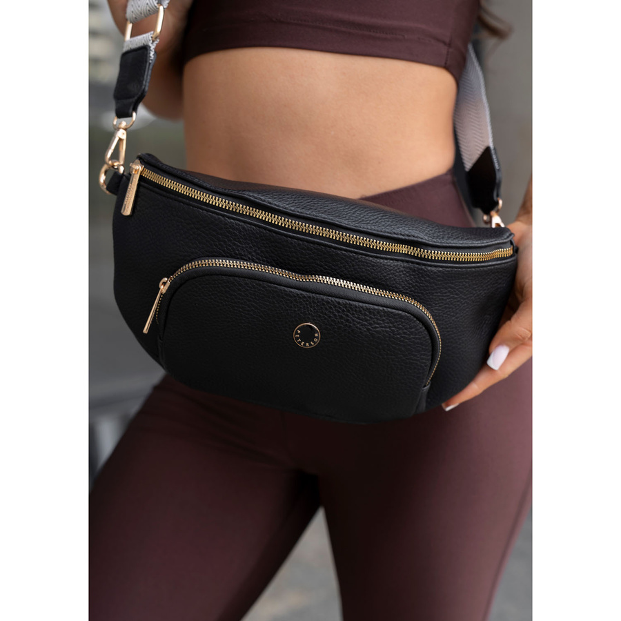 Städtische, schwarze Damen-Bauchtasche aus Öko-Leder, die an einem verstellbaren Gürtel hängt – Peterson – Bild 17