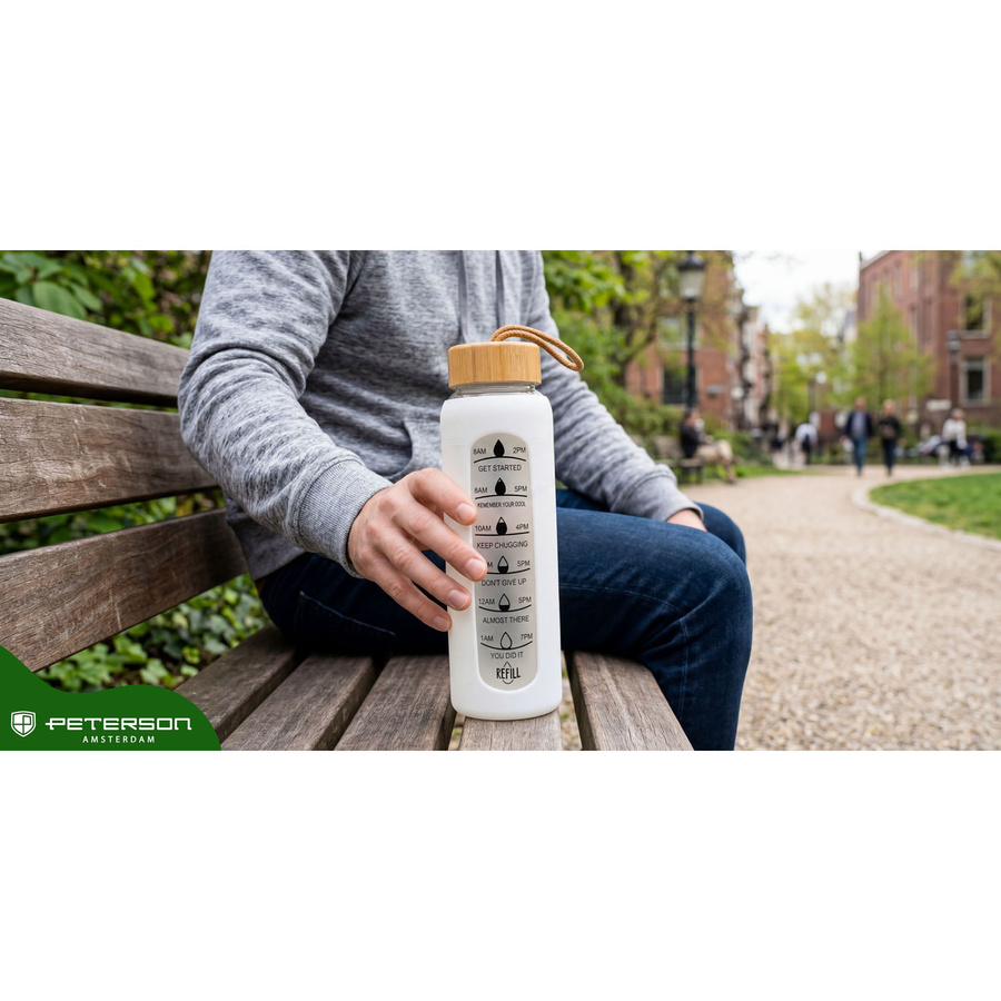 Wasserflasche 960ml Glas mit Silikonhülle beige mit motivierender Messskala - Peterson – Bild 22
