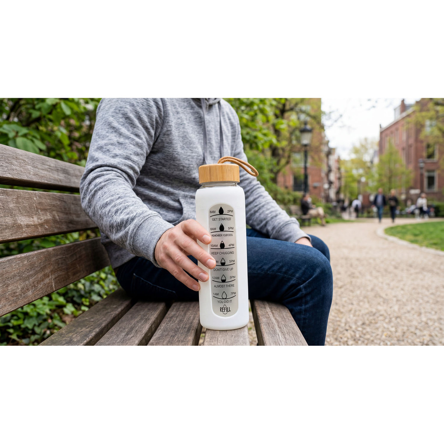 Wasserflasche 960ml Glas mit Silikonhülle beige mit motivierender Messskala - Peterson – Bild 23