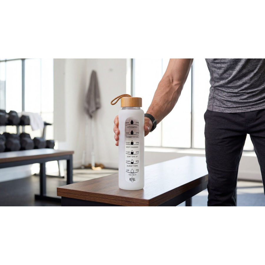 Wasserflasche 960ml Glas mit Silikonhülle beige mit motivierender Messskala - Peterson – Bild 24