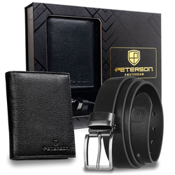 Geschenkset: Herren-Geldbörse aus Leder, vertikal, in schwarzer Farbe, und Gürtel aus Kunstleder – Peterson