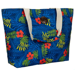 Geräumige Damenhandtasche mit Blumenmuster, an bequemen Griffen hängend