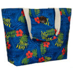 Geräumige Damenhandtasche mit Blumenmuster, an bequemen Griffen hängend