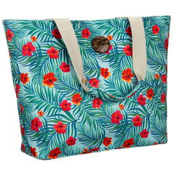 Modische Damenhandtasche im Blumenmuster, an bequemen Griffen hängend