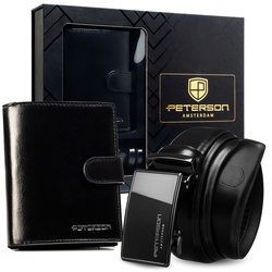 Geschenkset: Herren-Geldbörse in Schwarz und Gürtel aus Echtleder – Peterson