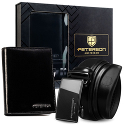 Geschenkset: Herren-Geldbörse in schwarzer Farbe und Gürtel aus Echtleder – Peterson