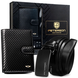 Geschenkset: elegante Herren-Geldbörse aus Echtleder in Schwarz mit RFID-System und Gürtel aus Naturleder – Peterson