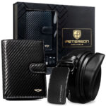 Geschenkset: elegante Herren-Geldbörse aus Echtleder in Schwarz mit RFID-System und Gürtel aus Naturleder - Peterson