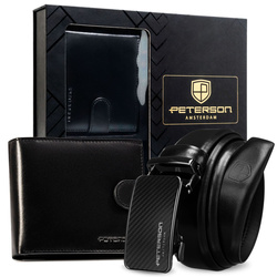 Geschenkset: Herren-Geldbörse aus Leder in schwarzer Farbe und Gürtel aus Echtleder – Peterson