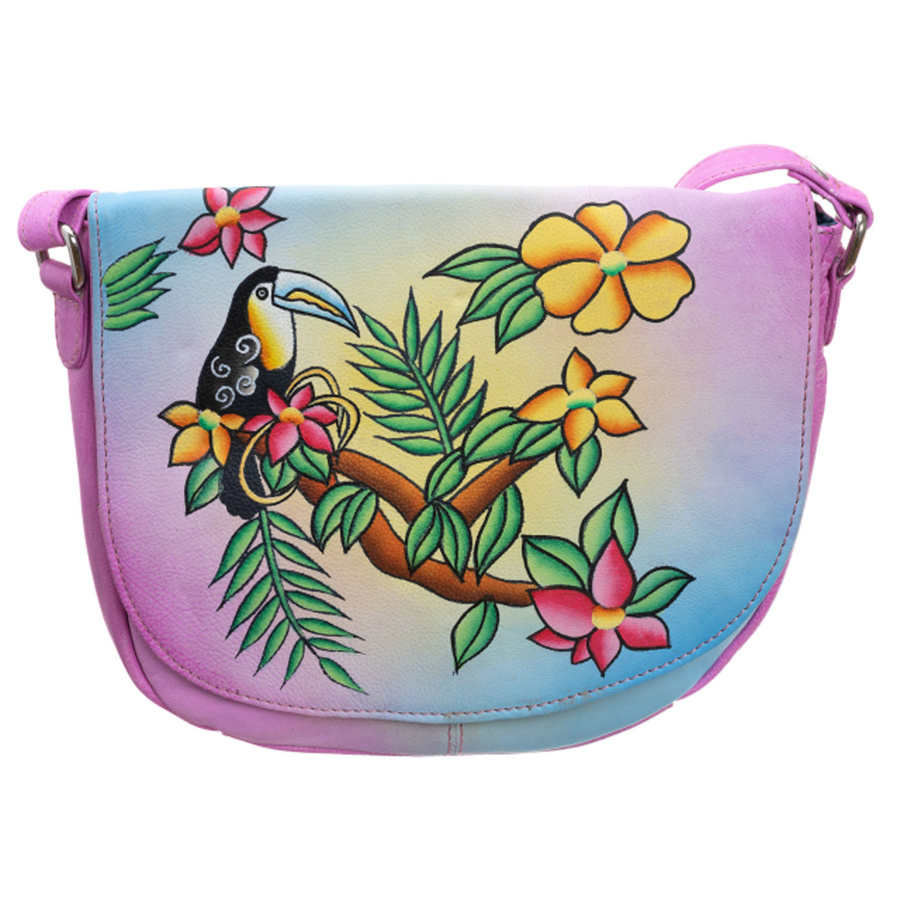 Damenhandtasche aus Echtleder mit handbemaltem Muster, verschließbar mit Magnet – Bild 2