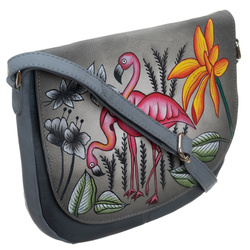 Handtasche aus Echtleder in Grau mit handbemaltem Muster, verschließbar mit Magnet