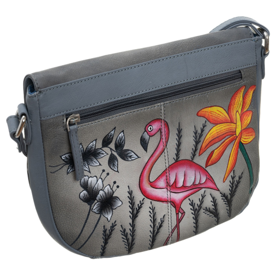 Handtasche aus Echtleder in Grau mit handbemaltem Muster, verschließbar mit Magnet – Bild 3