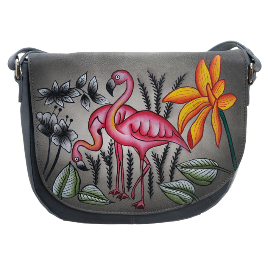 Handtasche aus Echtleder in Grau mit handbemaltem Muster, verschließbar mit Magnet – Bild 2