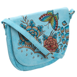 Blaue Damenhandtasche aus Echtleder mit handbemaltem Muster, verschließbar mit Magnet