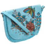 Blaue Damenhandtasche aus Echtleder mit handbemaltem Muster, verschließbar mit Magnet