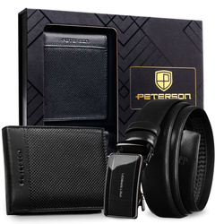 Geschenkset: Herren-Geldbörse aus Leder in Schwarz und Gürtel aus Echtleder – Peterson