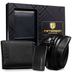 Geschenkset: Herren-Geldbörse aus Leder in Schwarz und Gürtel aus Echtleder – Peterson