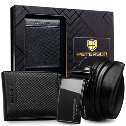 Geschenkset: Herren-Geldbörse aus Leder in Schwarz und Gürtel aus Echtleder – Peterson