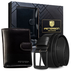 Geschenkset: vertikale Herren-Geldbörse in schwarzer Farbe und Gürtel aus Echtleder mit klassischer Schnalle – Peterson