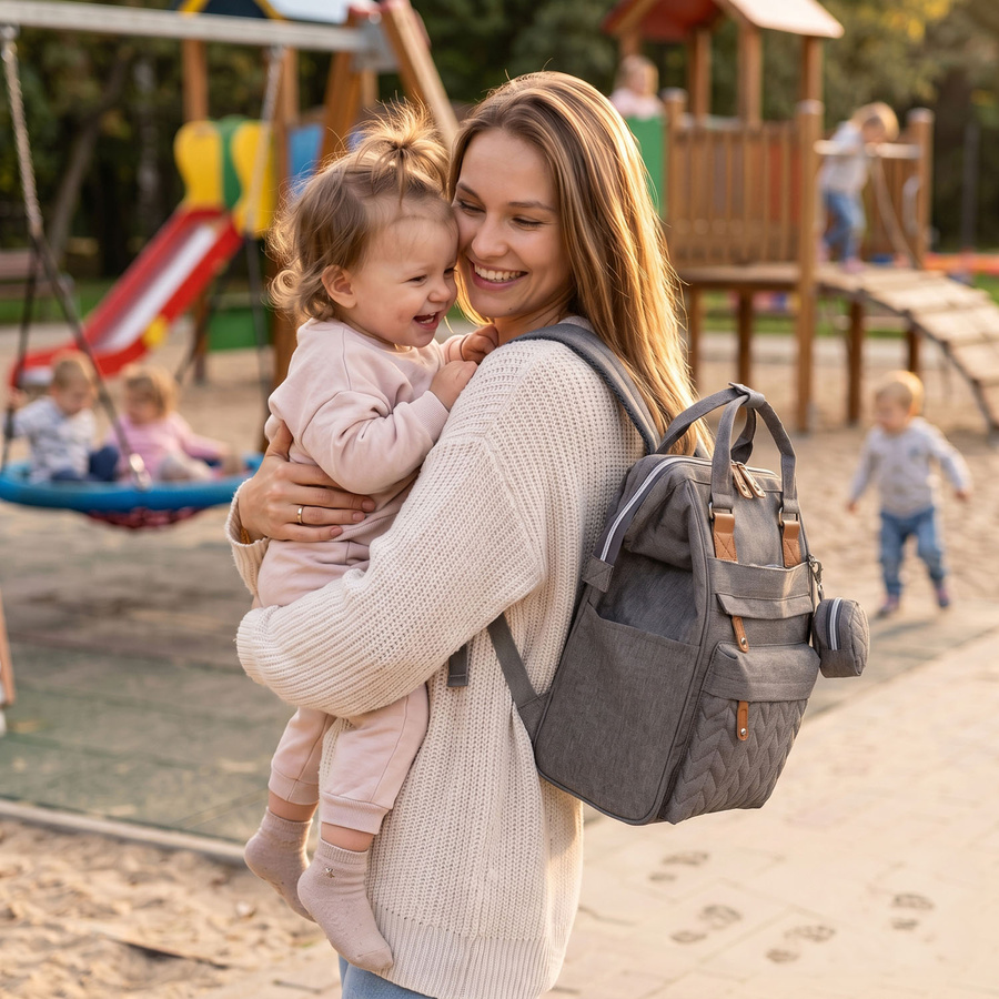 Grauer Rucksack für Mama aus Polyester, mit Reißverschluss, zweiteilig - Peterson – Bild 2